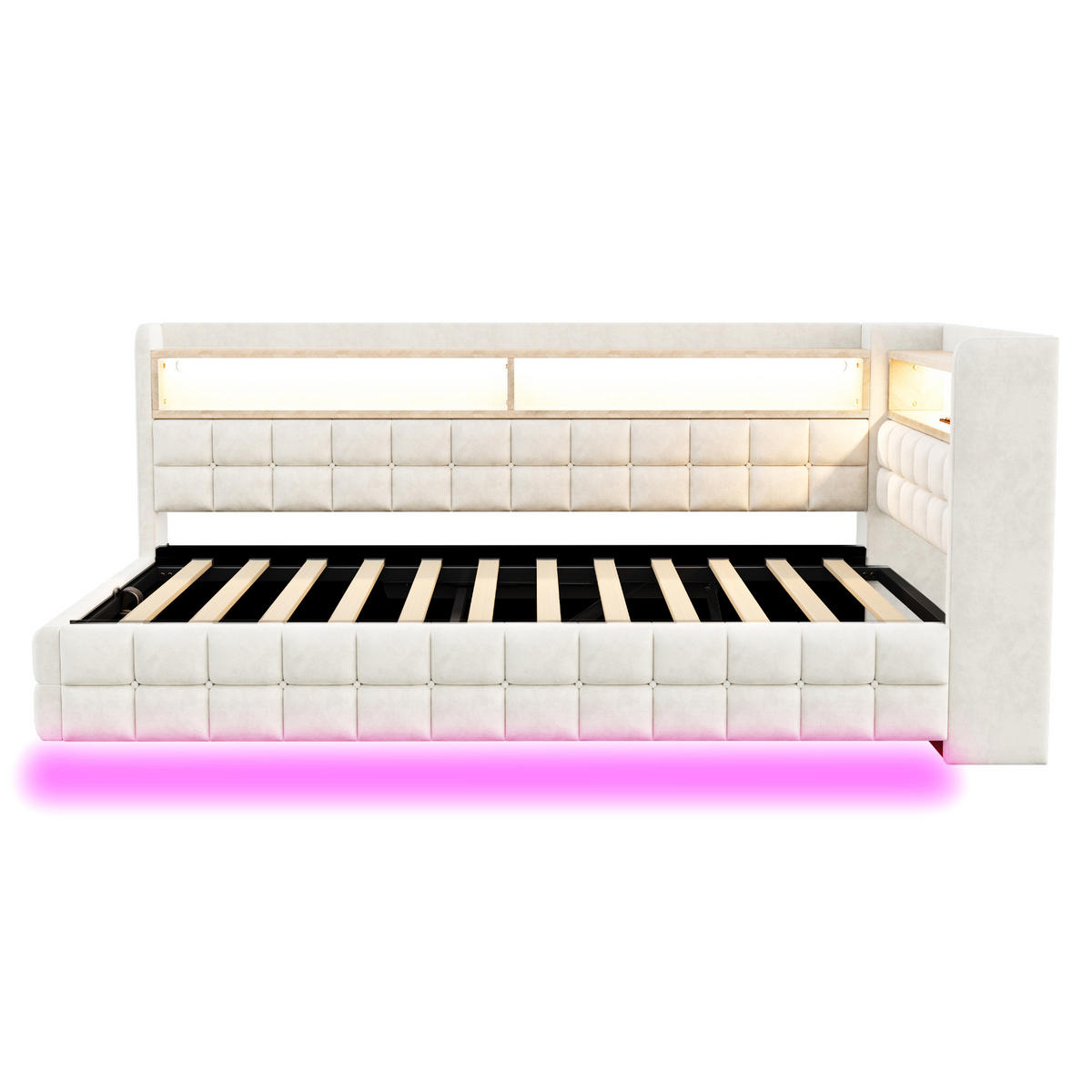 POLSTERBETT 90x200cm Schlafsofa LED Stauraum USB Samt Beige - Beige, Textil (90/200cm) - FLIEKS