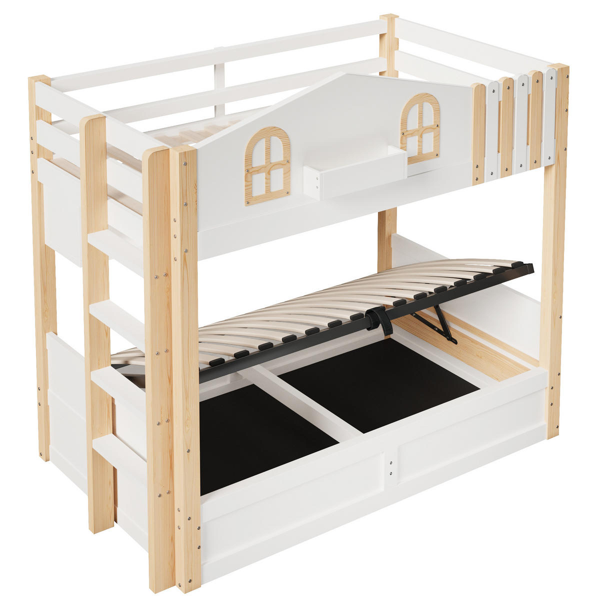 ETAGENBETT 90/200 cm Hausdesign mit Hydraulik-Stauraum und LED, DE-41987, in Weiß - Weiß, Holzwerkstoff (90/200cm) - ComfortXL