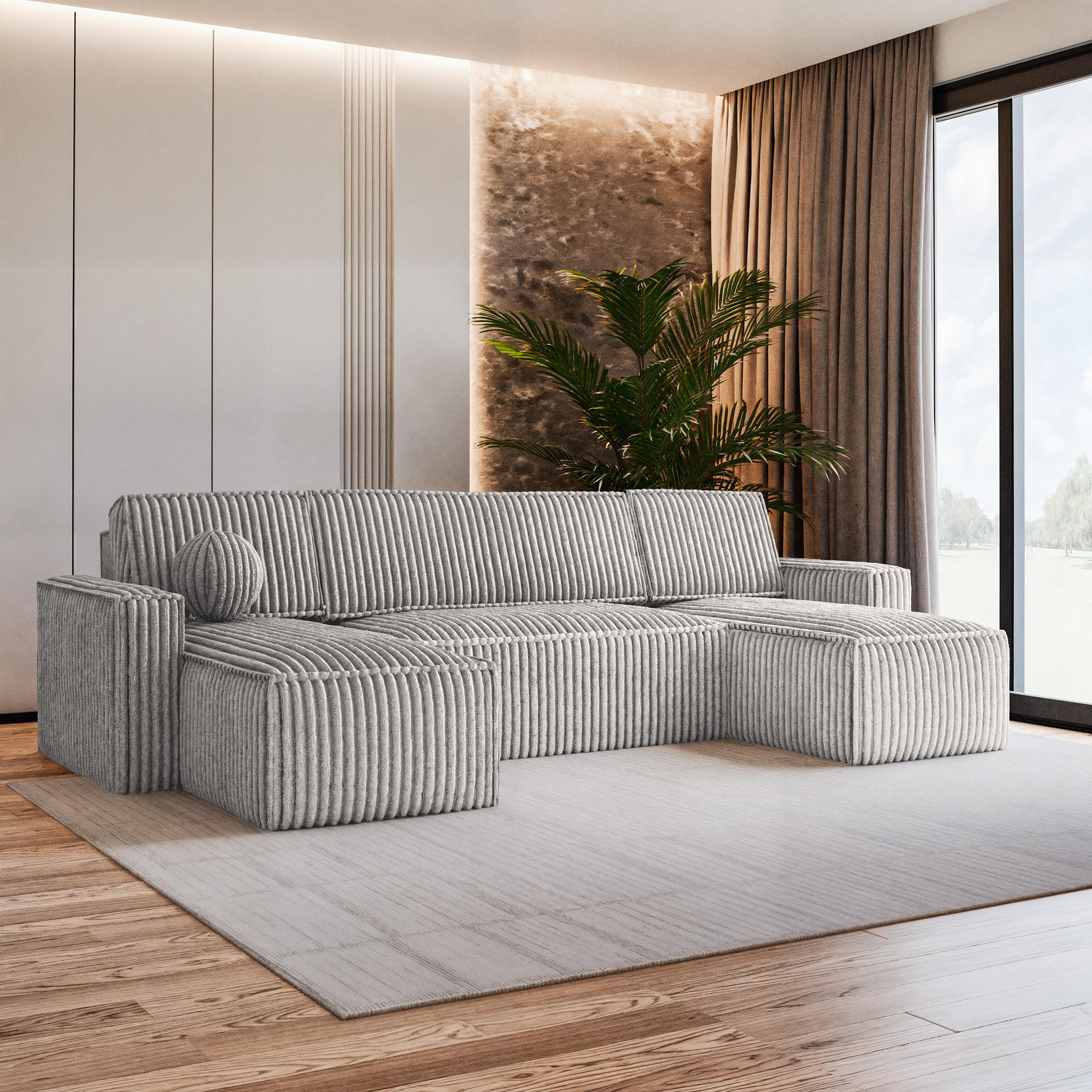 WOHNLANDSCHAFT PESANO T Hellgrau Kordstoff mit Schlaffunktion - Hellgrau, Holz (306/85/140cm) - MASSENO
