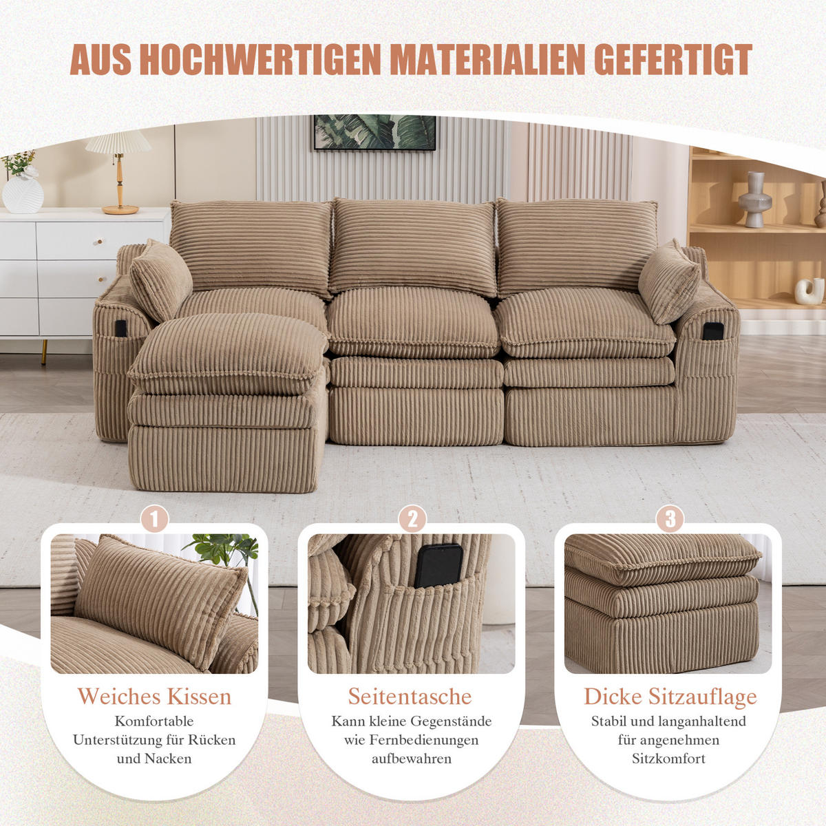 3-STIZER Sofa 263/167/85 cm mit Hocker, Cordbezug, Seitentaschen und Federkern, Khaki - Beige, Textil (263/85/167cm) - Redom