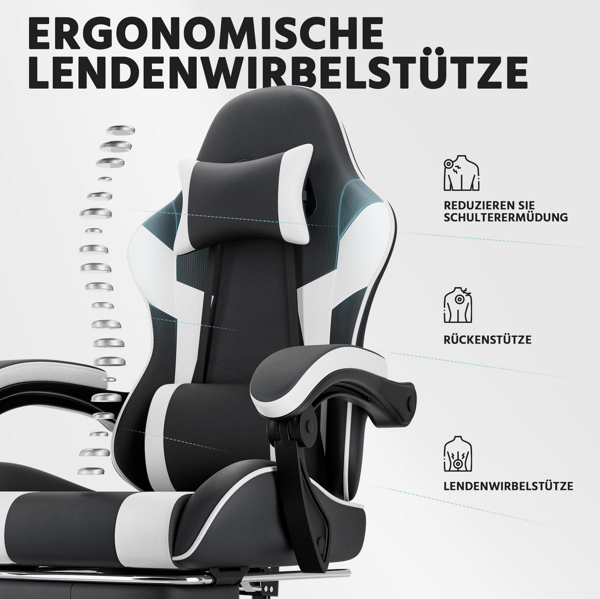 GAMINGSTUHL ergonomisch verstellbar PVC Black White - Weiß, Kunststoff (63/120.5/58.5cm) - Meubliv