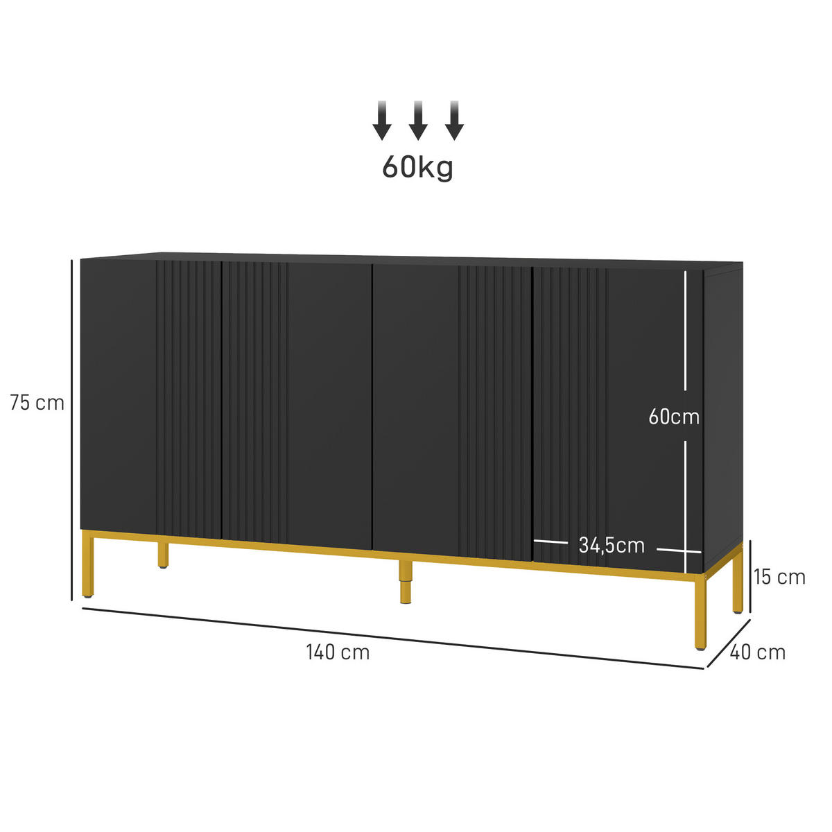 SIDEBOARD Schwarz und Goldfarben, 4 Türen, 140/40/75 cm - Schwarz, Holz (140/75/40cm) - PANGIVO