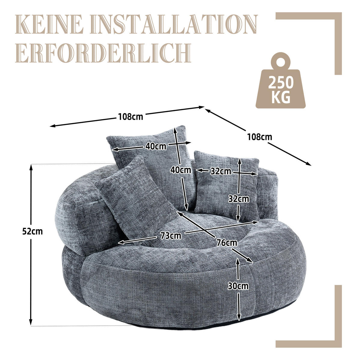 SITZSACK Chenille Grau - Dunkelgrau, Textil (108/52/108cm) - WISHDOR