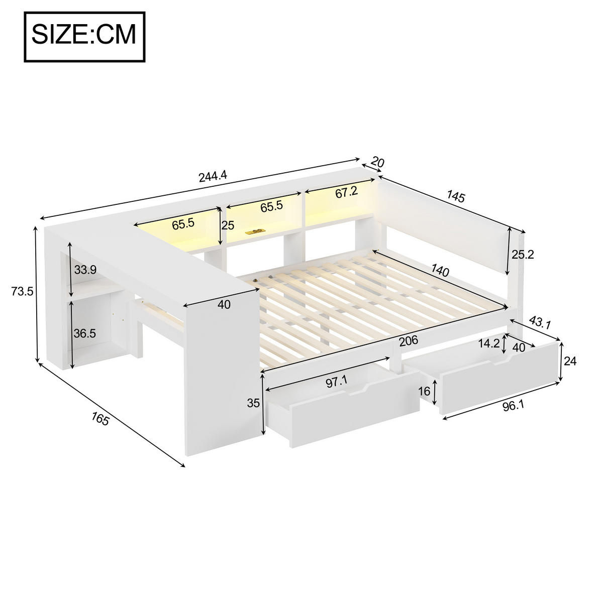 BETT 140/200 cm in Weiß mit gepolstertem Kopfteil, Schubladen und LED - Weiß, Holzwerkstoff (140/200cm) - BEAOK