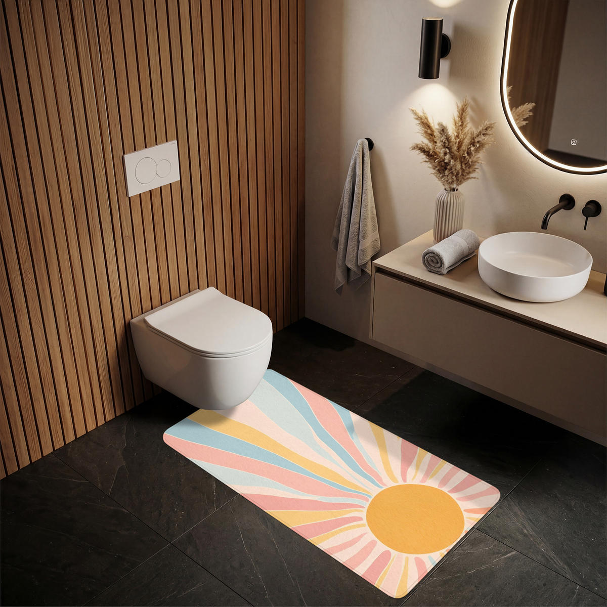 BADEMATTE Illustration - Sonne - Pastellfarben 60x120 cm - Pastellblau, Kunststoff/Textil (60/120cm)