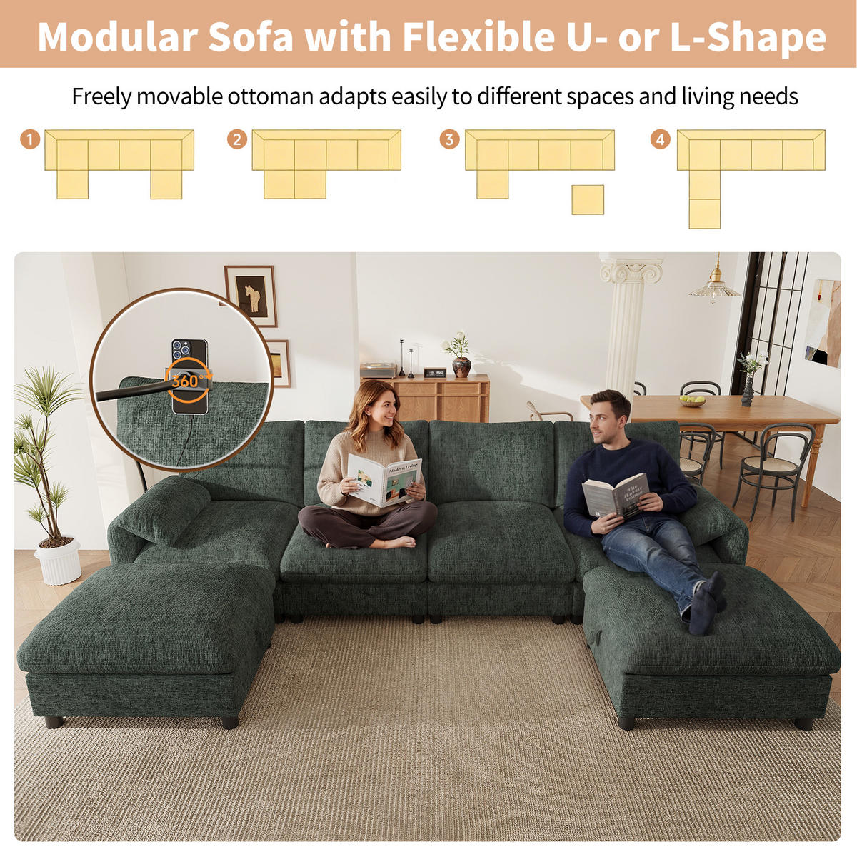 SCHLAFSOFA mit 6 Sitzen aus Chenille mit USB/Type-C, Handyhalter und Stauraum-Hockern - Grün, Textil (273.5/81/133cm) - EVRYAE