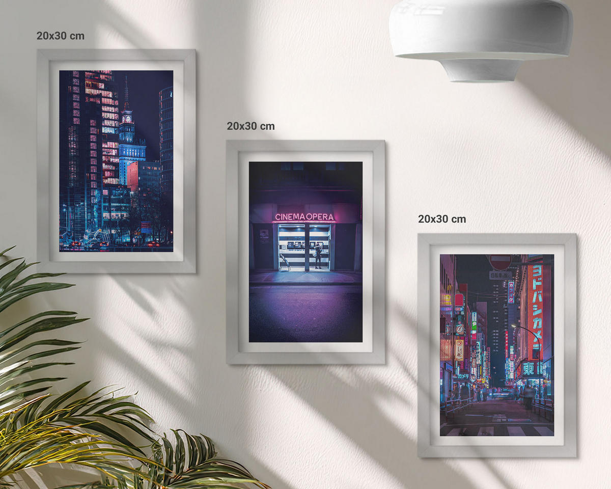 BILDER SET 3er Set - 20x30 cm Silberner Rahmen - Neon-Eingang zur nächtlichen Stadt - Silberfarben, Kunststoff (20/30cm) - TULUP