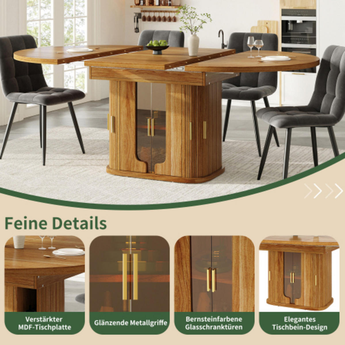 ESSTISCH Walnussoptik aus MDF mit Glas-Schubladenfronten 118–158 × 118 × 77 cm - Walnussfarben, Holzwerkstoff (158/118/77cm) - Luhomfu