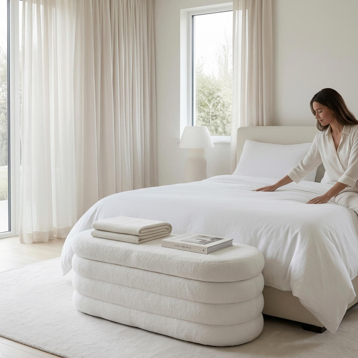 BANCĂ Albă cu spațiu de depozitare - alb, material textil/compozit lemnos (110/42/45cm) - Relaxdays
