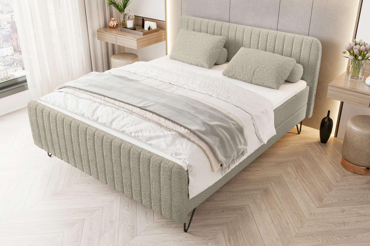 BOXSPRINGBETT LUCIO Bouclé-Stoff Creme 160/200 cm - Creme/Schwarz, Textil/Metall (160/200cm) - 99rooms