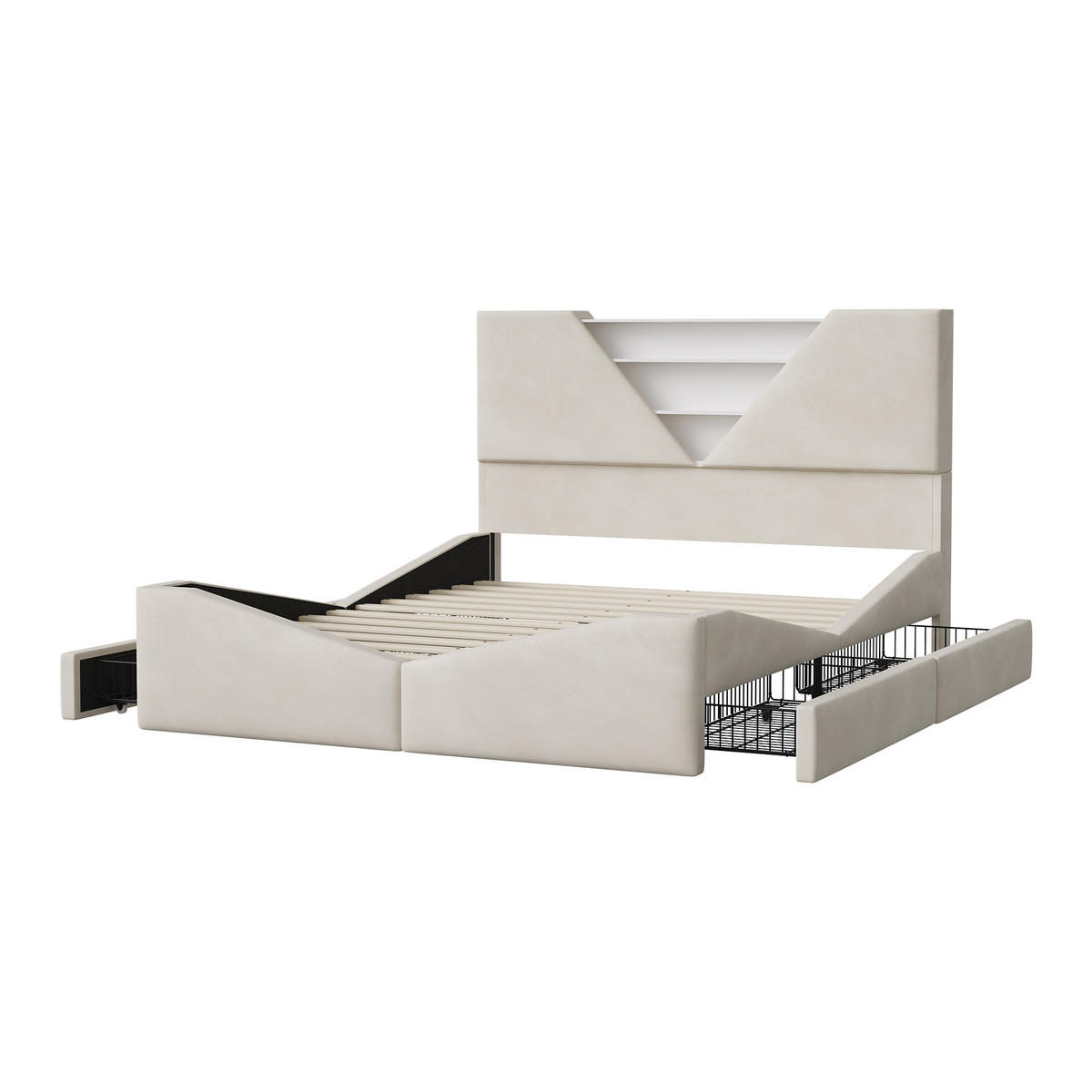 POLSTERBETT 140x200 cm LED USB 4 Schubladen Stauraum Kopfteil Samt beige - Beige, Holz (140/200cm) - LEBENLANG