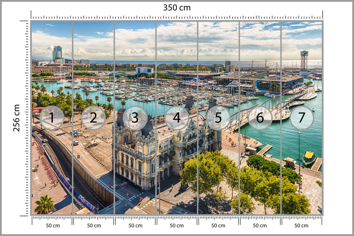 FOTOTAPETE für Wohnzimmer Barcelona Hafen Boote Denkmäler 350x256 - Türkis/Beige, Papier (350/256cm) - Muralo