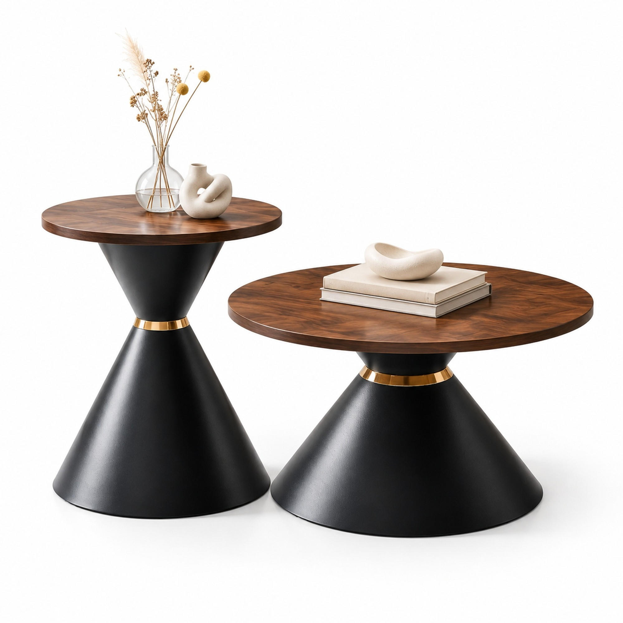 COUCHTISCH-SET aus Metall und Melamin Ø70/42 cm Walnussoptik/Schwarz mit goldener Zierleiste - Walnussfarben, Metall (70/70/42.5cm) - IVMEU
