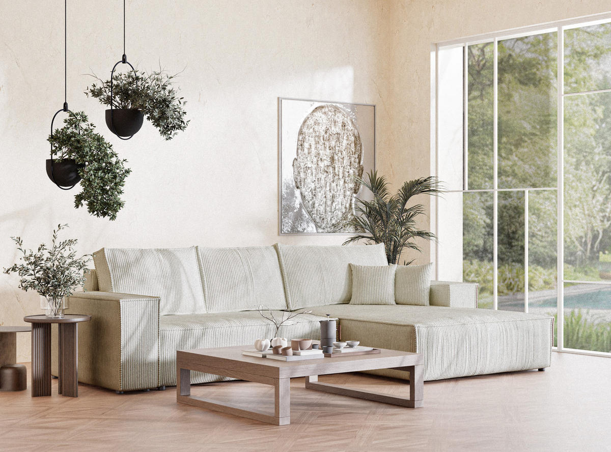 ECKSOFA MIT SCHLAFFUNKTION Maze Creme Samtstoff - Creme/Schwarz, Holz/Holzwerkstoff (294/185cm) - Maison de Reve