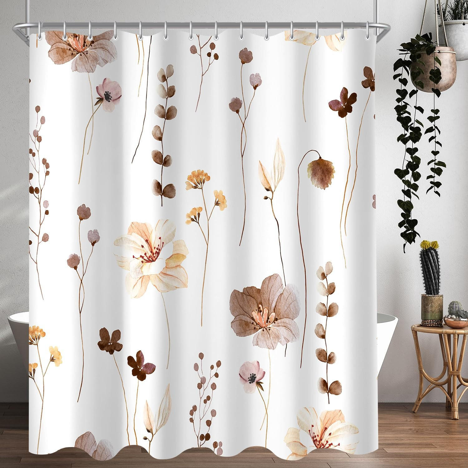 DUSCHVORHANG Braun floral Muster beschwerter Saum Polyester wasserfest schimmelresistent waschbar - Weiß, Textil (200/180cm) - MCBOSON