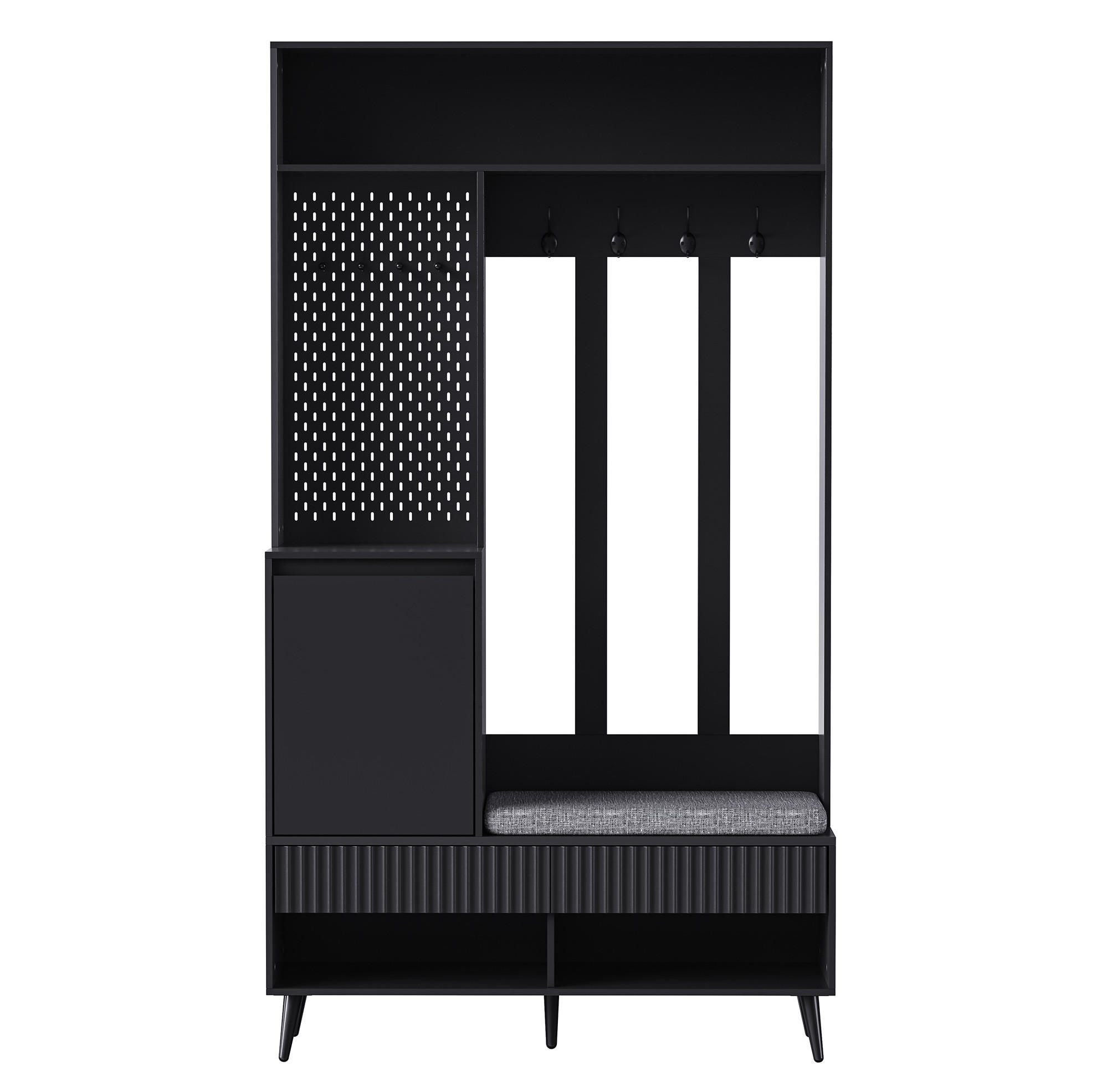FLURGARDEROBE mit Sitzbank, 4 Haken und Schuhablage in Schwarz 100/35/180 cm - Schwarz, Holzwerkstoff (100/180/35cm) - BEAOK