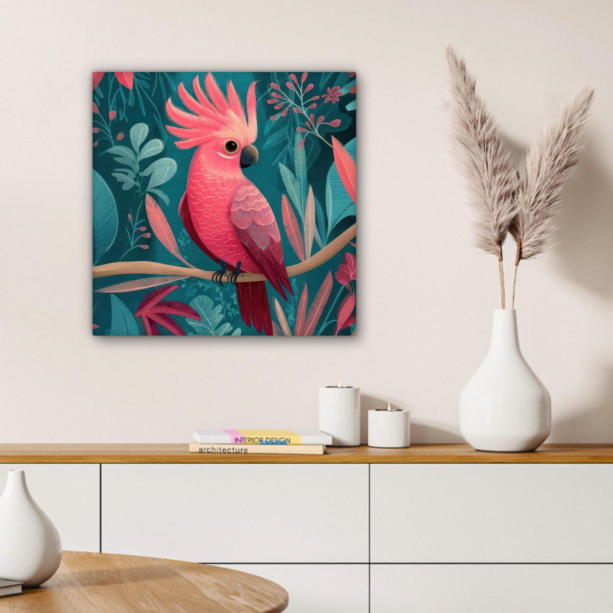 LEINWANDBILD Kakadu - Tropische Blätter - Zweig Wandbild Wohnzimmer 50x50 cm - Petrol, Textil (50/50cm) - MuchoWow