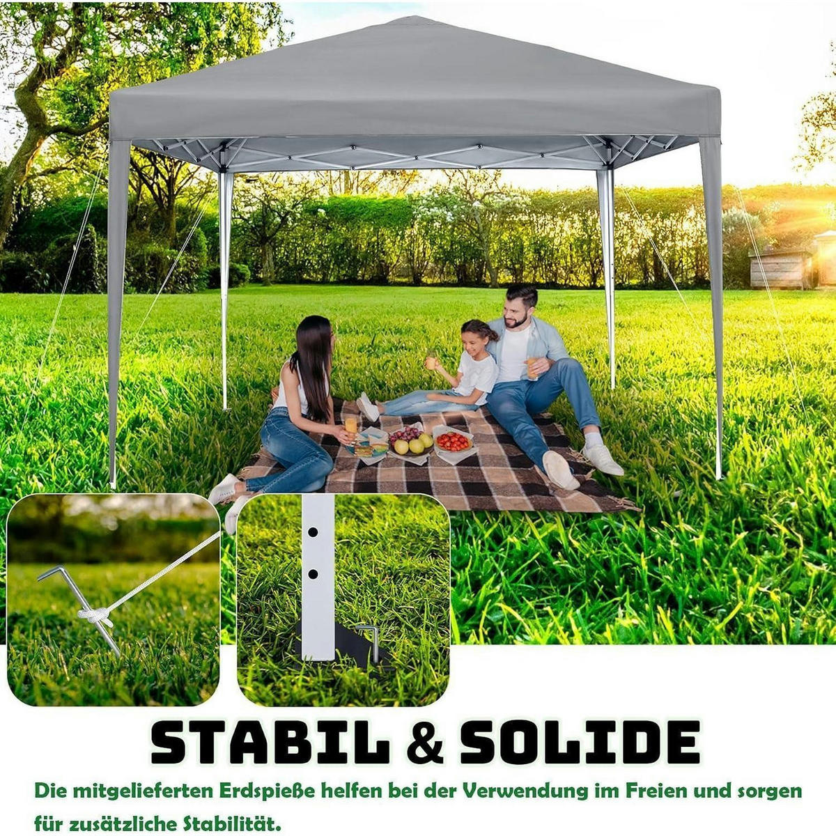 FALTPAVILLON 2.5 x 2.5 m Grau mit 4 Seitenteilen und Fenstern - Grau, Textil (250/260/250cm)