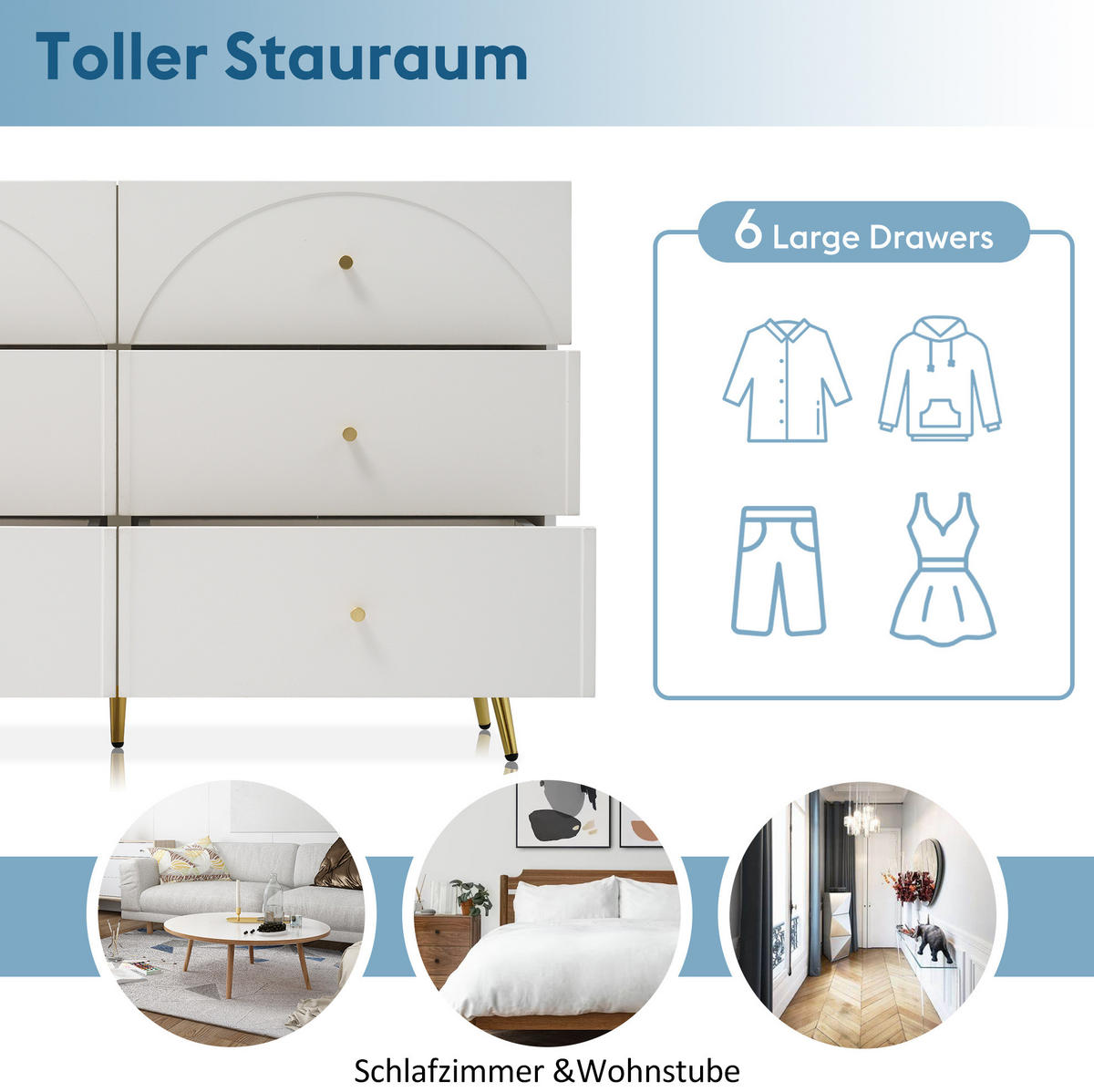 KOMMODE 120/40/85 cm aus Holzwerkstoff und Metall mit 6 Schubladen Creme-Weiß - Creme, Holz (120/40/85cm) - Modenvie