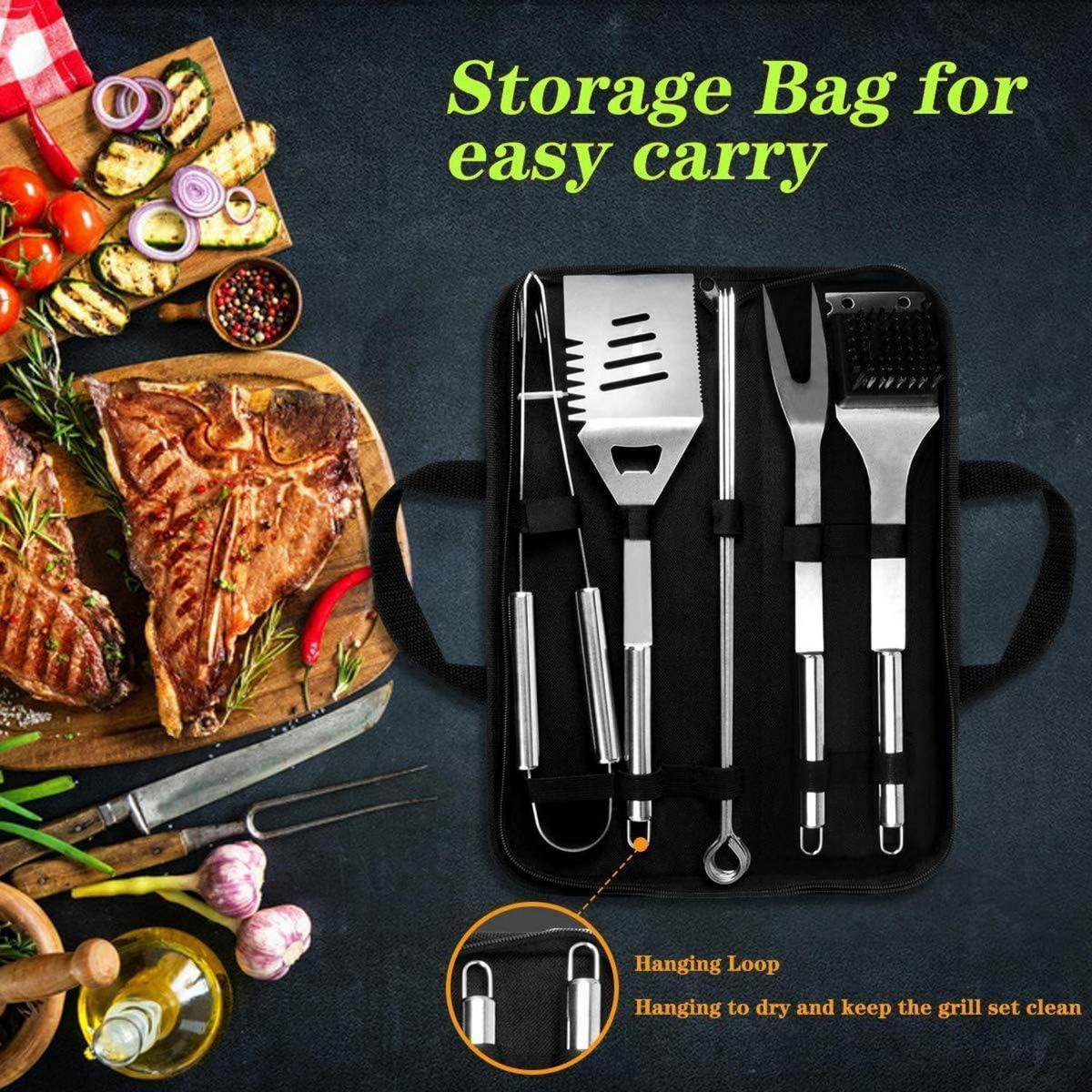 GRILLBESTECK-SET 10-teilig Edelstahl mit Tragetasche - Silberfarben, Metall (35cm)