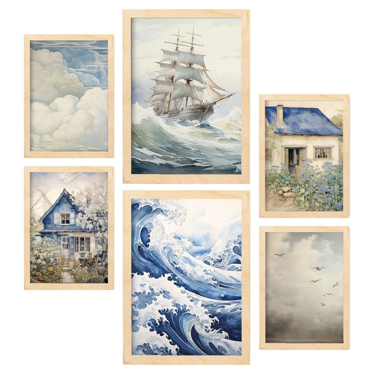 POSTER Set Mit 6 Seehaus A3 & A4 Rahmen Aus Hellem Holz - Beige, Papier (29/3cm) - Nacnic