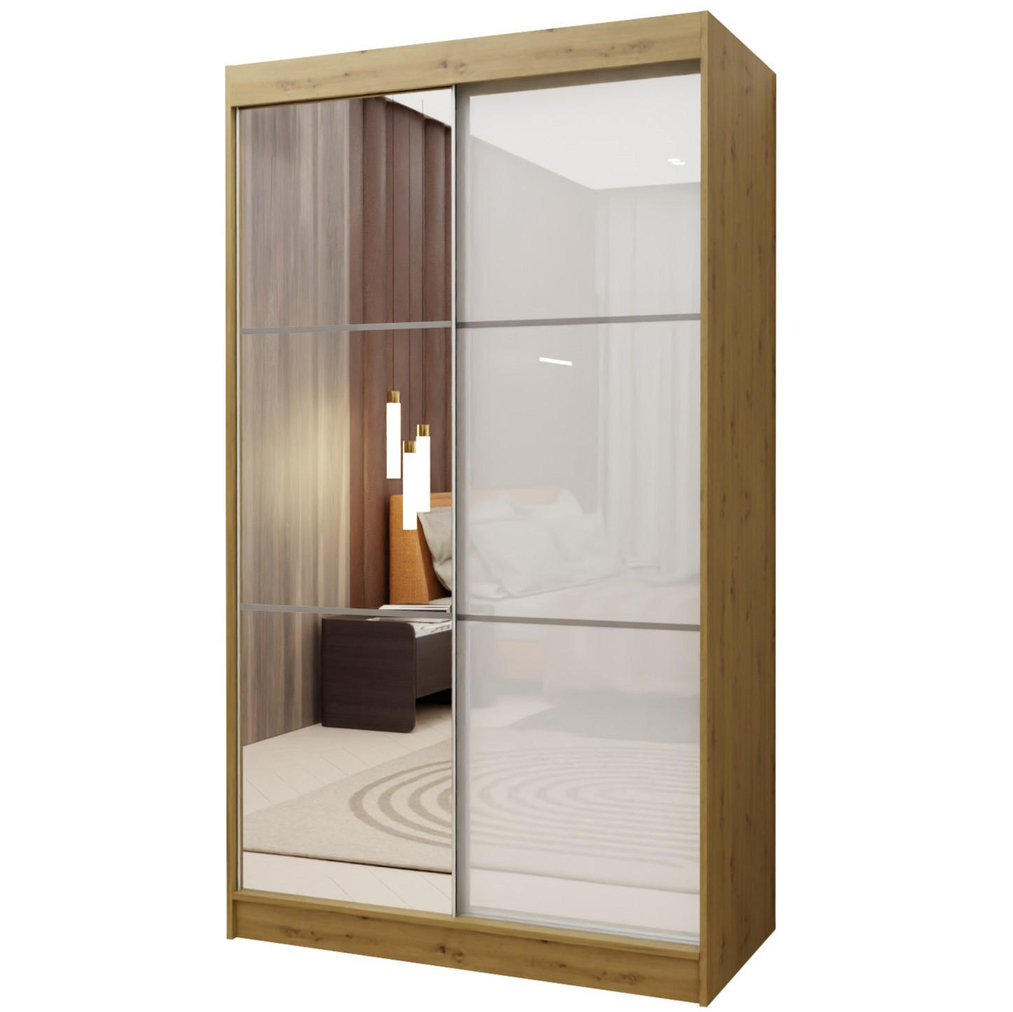 SCHWEBETÜRENSCHRANK VITALE 120/216/61 cm 2-türig mit Spiegel Eiche Artisan - Weiß/Eiche Artisan, Holzwerkstoff (120/216/61cm) - MASSENO