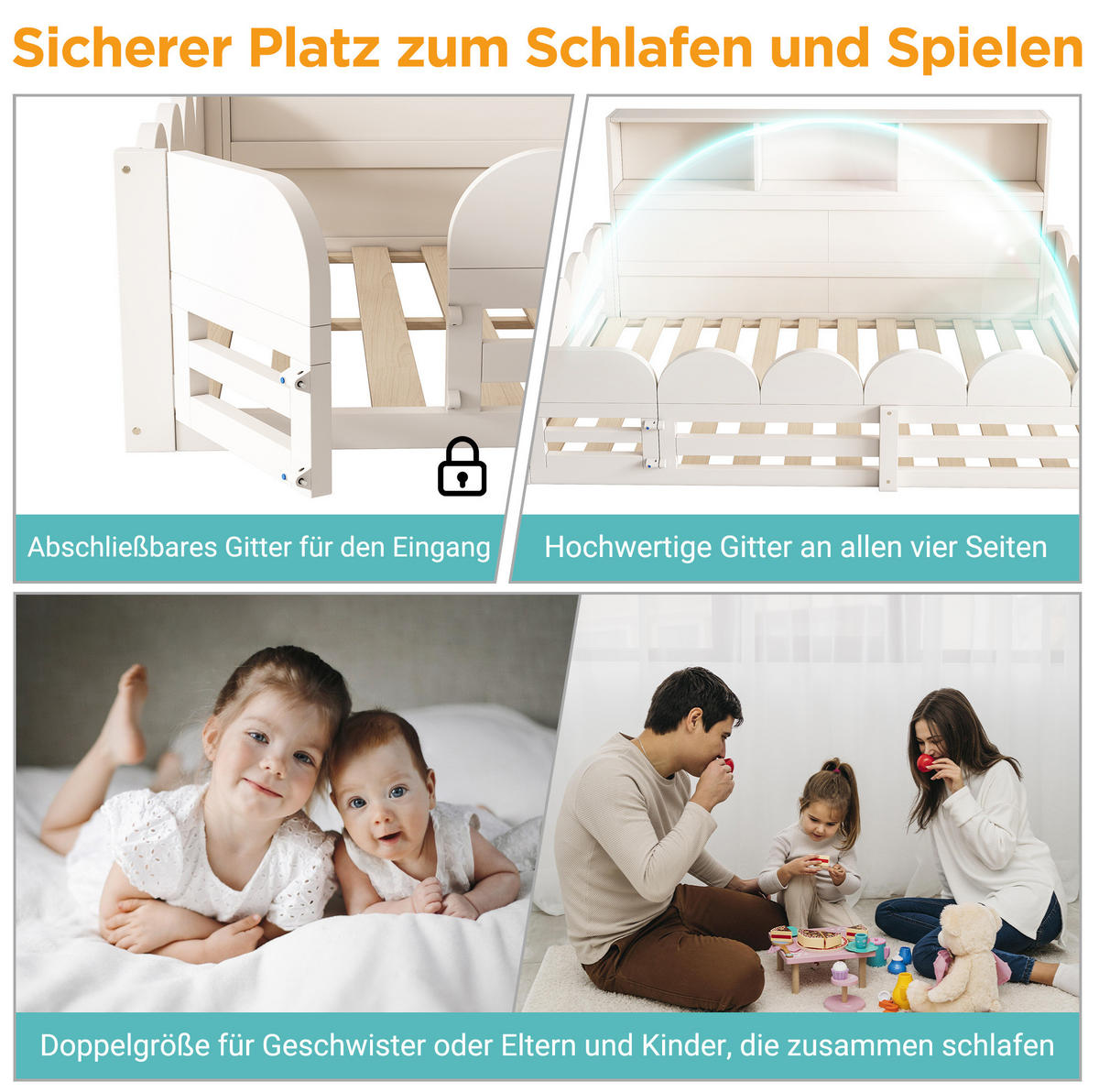KINDERBODENBETT 140x190 cm in Weiß mit Rausfallschutz, Tür und Regal - Weiß, Holz (140/190cm) - IVMEU