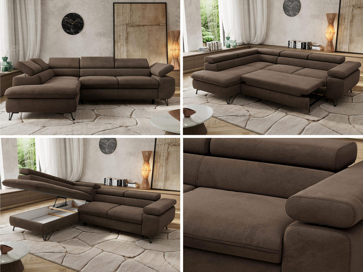 ECKSOFA PABLO L Braun Velvet - Links Seite mit Visco Topper - Schwarz/Braun, Textil/Metall (208/273cm) - MKS