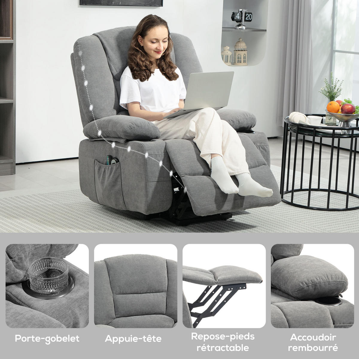 MASSAGESESSEL DE-15388 mit Massage und Heizung Grau - Grau, Textil (90/102/97cm) - ComfortXL