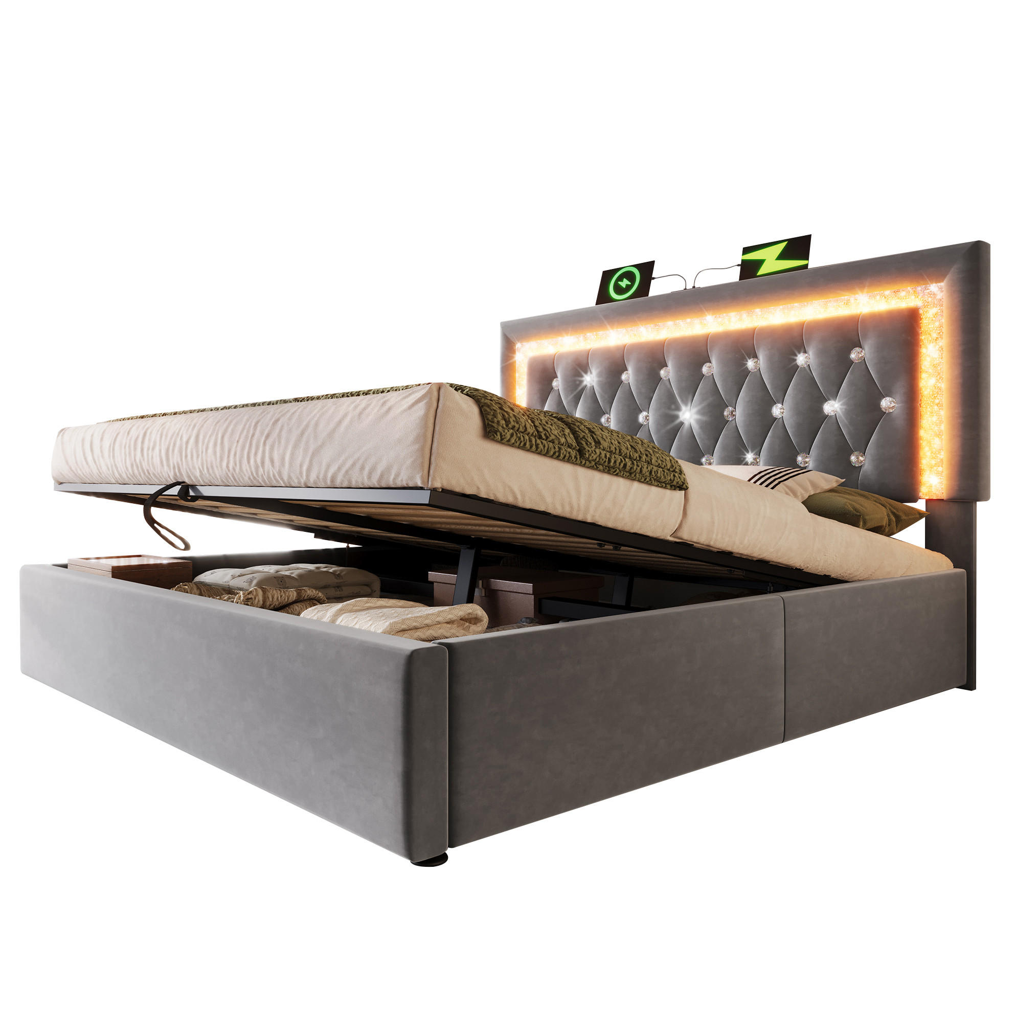POLSTERBETT 160/200 cm Grau aus Samt mit Bettkasten, LED und USB- & Type-C-Anschlüssen - Grau, Textil (160/200cm) - Flora Grace