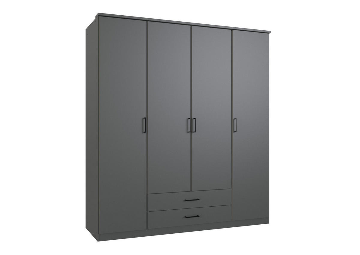 DREHTÜRENSCHRANK Stolpen in Grafit stilvoll mit Griffen in Schwarz 180 x 199 x 58 cm, BxHxT Kleiderschrank 4 türig - Grau, Holzwerkstoff (80/200/120cm)