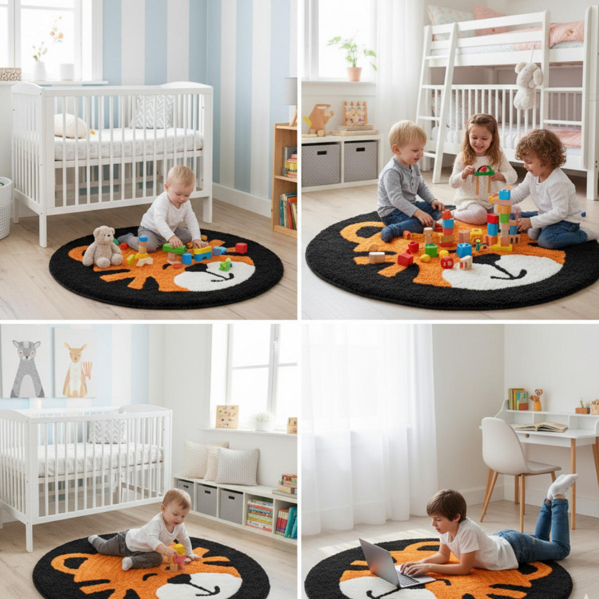 KINDERTEPPICH Tiger Rund Ø100 cm Schwarz Orange Weich Waschbar Kinderzimmer - Schwarz/Orange, Textil (100/100cm) - JUNG