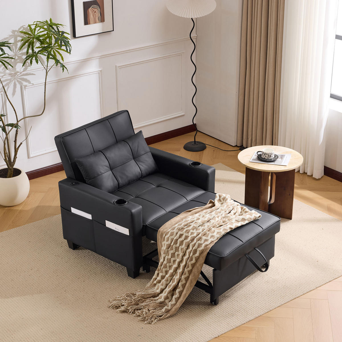 SCHLAFSESSEL DE-35007 3-in-1 mit USB und Getränkehaltern Schwarz - Schwarz, Metall (87/84/74cm) - ComfortXL