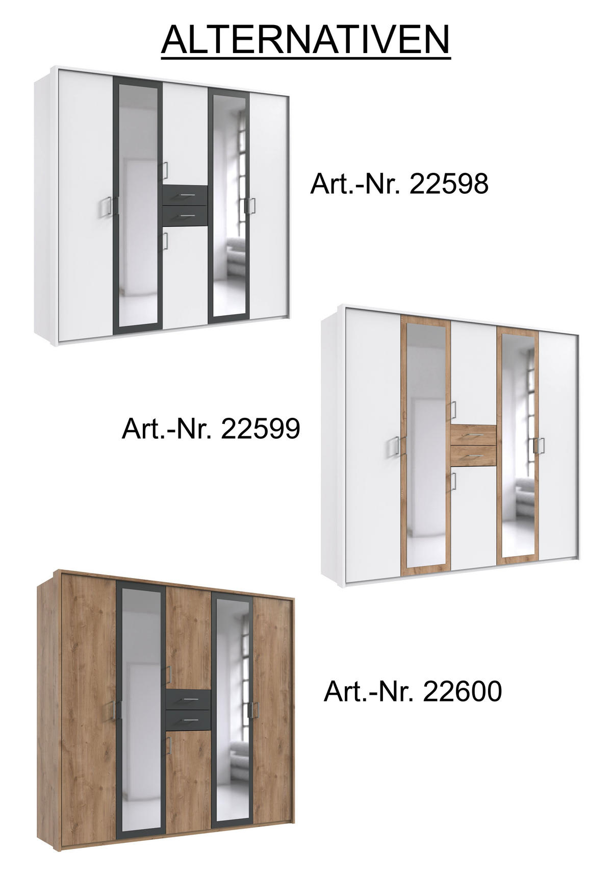 DREHTÜRENSCHRANK Kleiderschrank B228/H210/T58 cm mit Passepartout, Schubkästen & 2 Spiegeltüren, Weiß mit Absetzungen in Grafit / 22598 - Silberfarben/Graphitfarben, Holzwerkstoff/Kunststoff (228/210/58cm) - luma-home