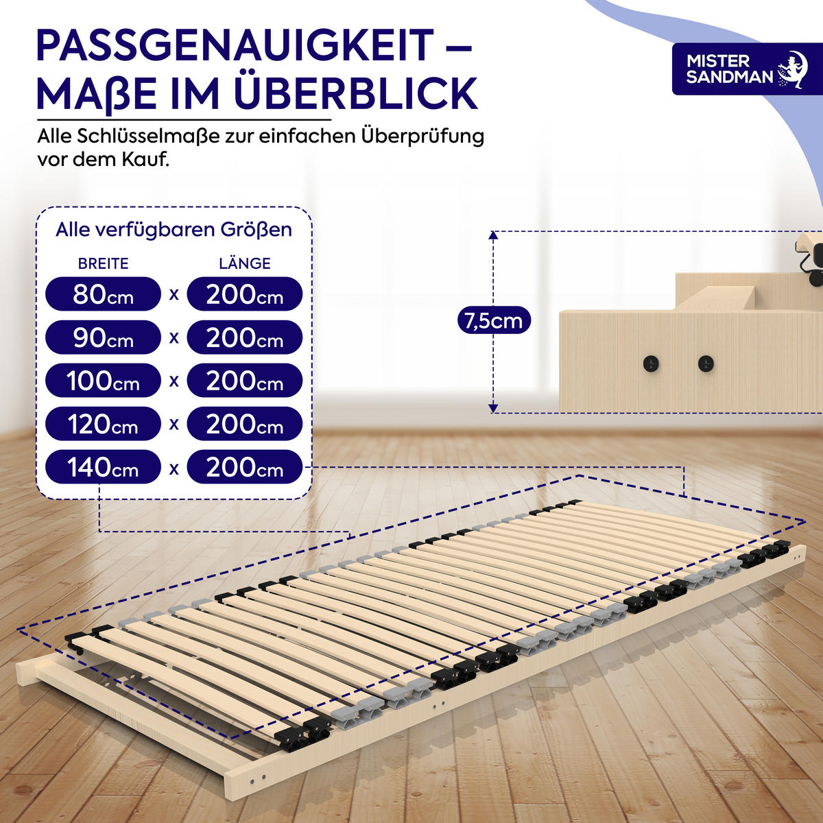 LATTENROST 140x200 cm Dream Base, 7-Zonen, Birke - Eschefarben, Holz (140/200cm) - Mister Sandman
