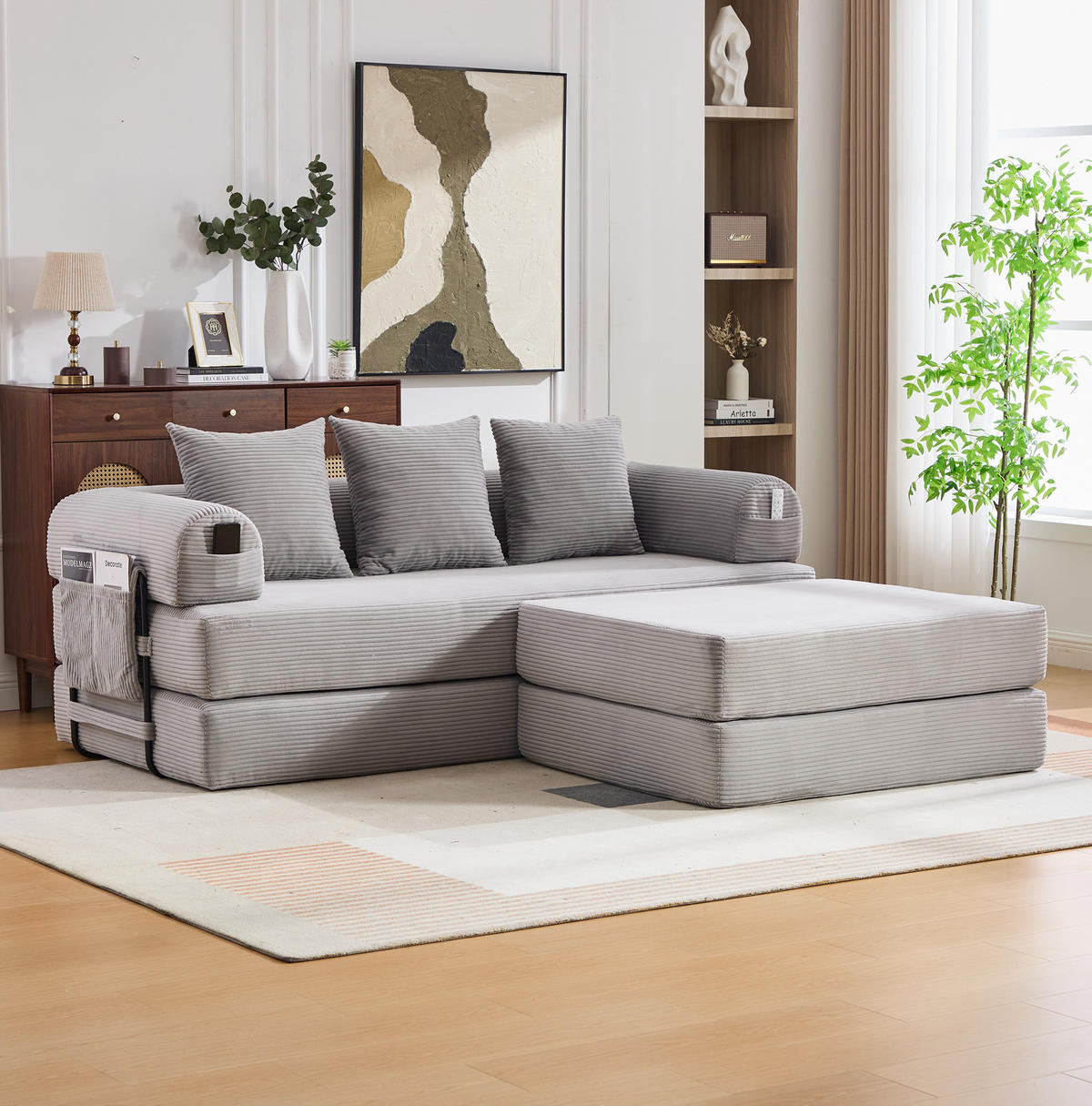 Meubliv SOFA modular mit Hocker 200 x 190 cm Cord Hellgrau jetzt nur online ➤