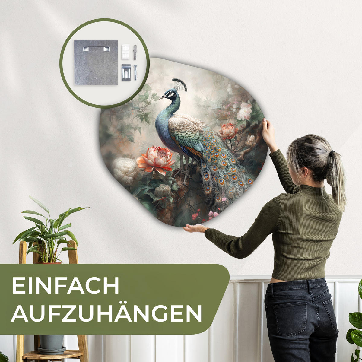 WANDBILD Pfau - Pfauenfedern - Vogel - Dschungel - Blumen 90x90 cm - Smaragdgrün, Kunststoff (90/90cm) - MuchoWow