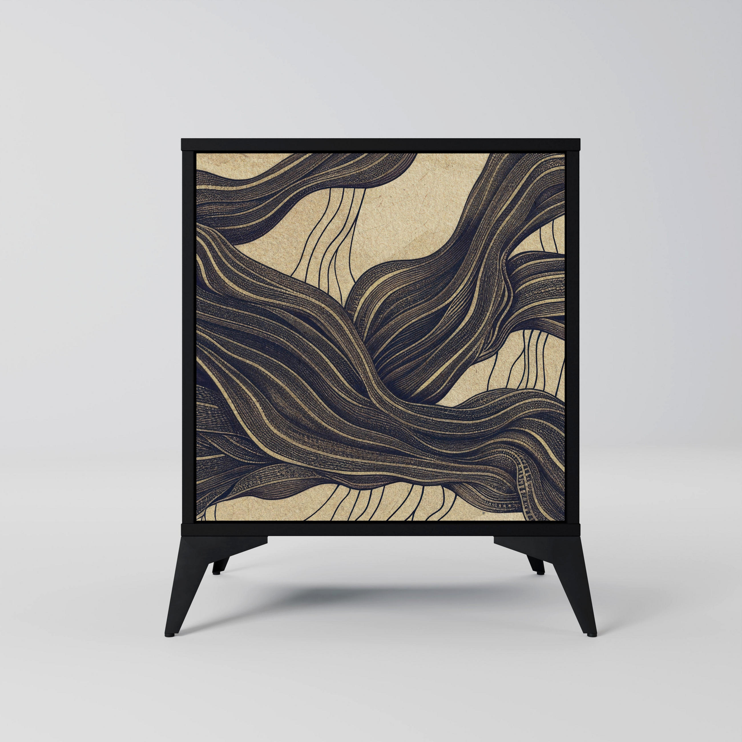 SIDEBOARD UNIFIED FRAGMENTS, Schwarz, 57,5x42x70,5 cm, Schwarze Metall-Sternfüße - Multicolor/Schwarz, Holzwerkstoff/Metall (57.5/70.5/42cm) - SpaceRebels