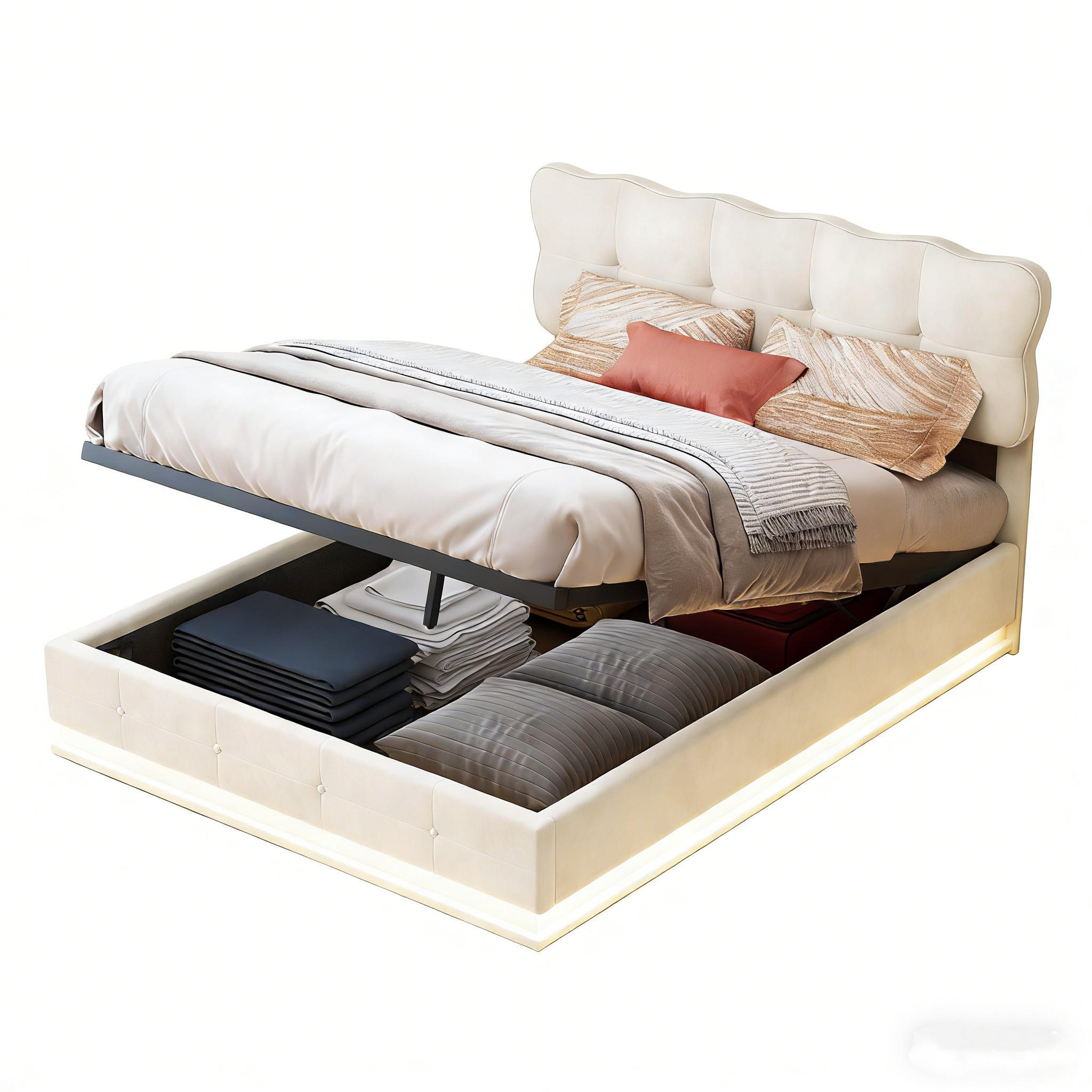 POLSTERBETT 140x200 cm mit LED-Beleuchtung und Stauraum–Modernes Design - Beige, Holz/Metall (140/200cm) - PARAFTA HOME