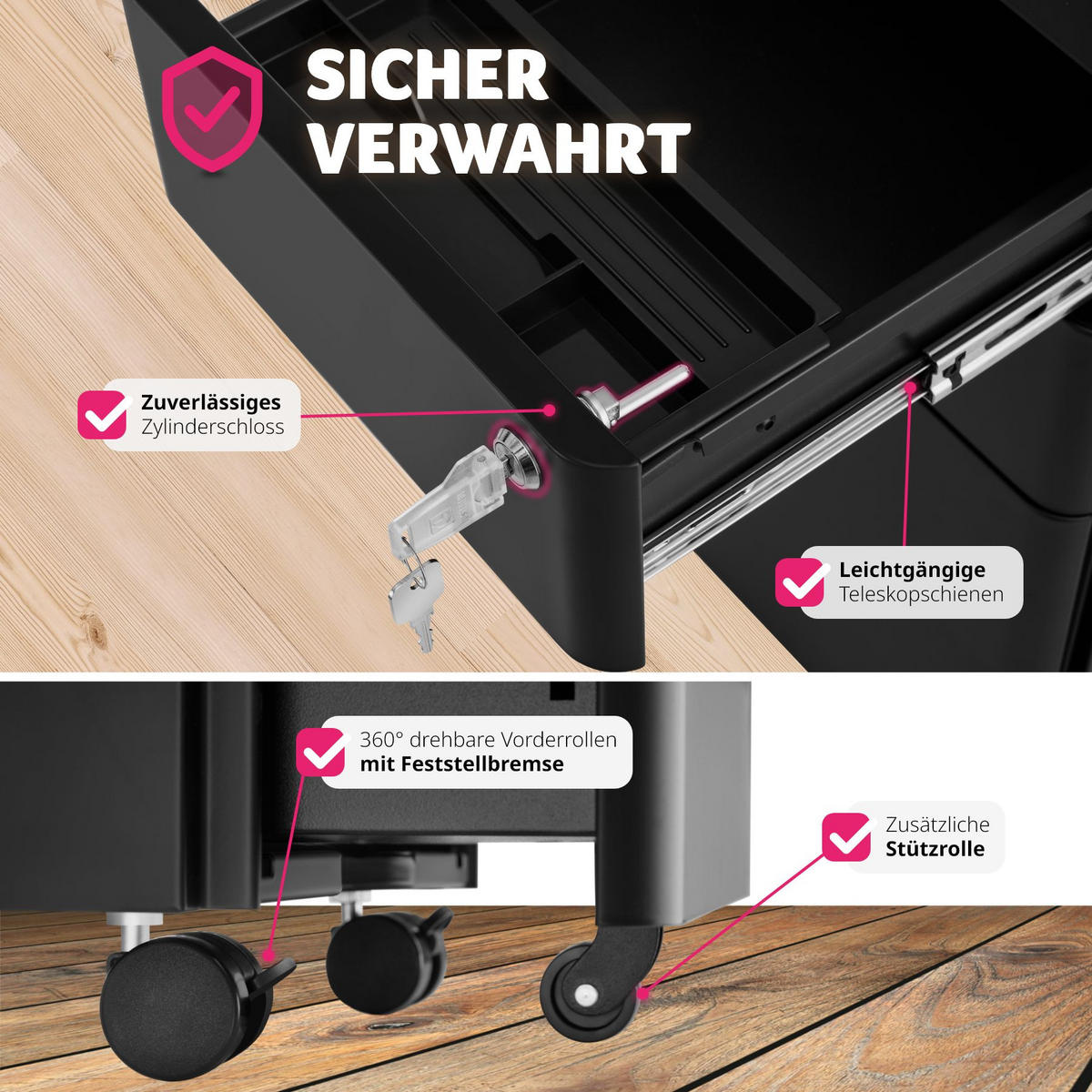 AKTENROLLSCHRANK Parvus,30 x 50 x 59,5 cm,schwarz - Schwarz, Textil (30/59.5/50cm) - tectake