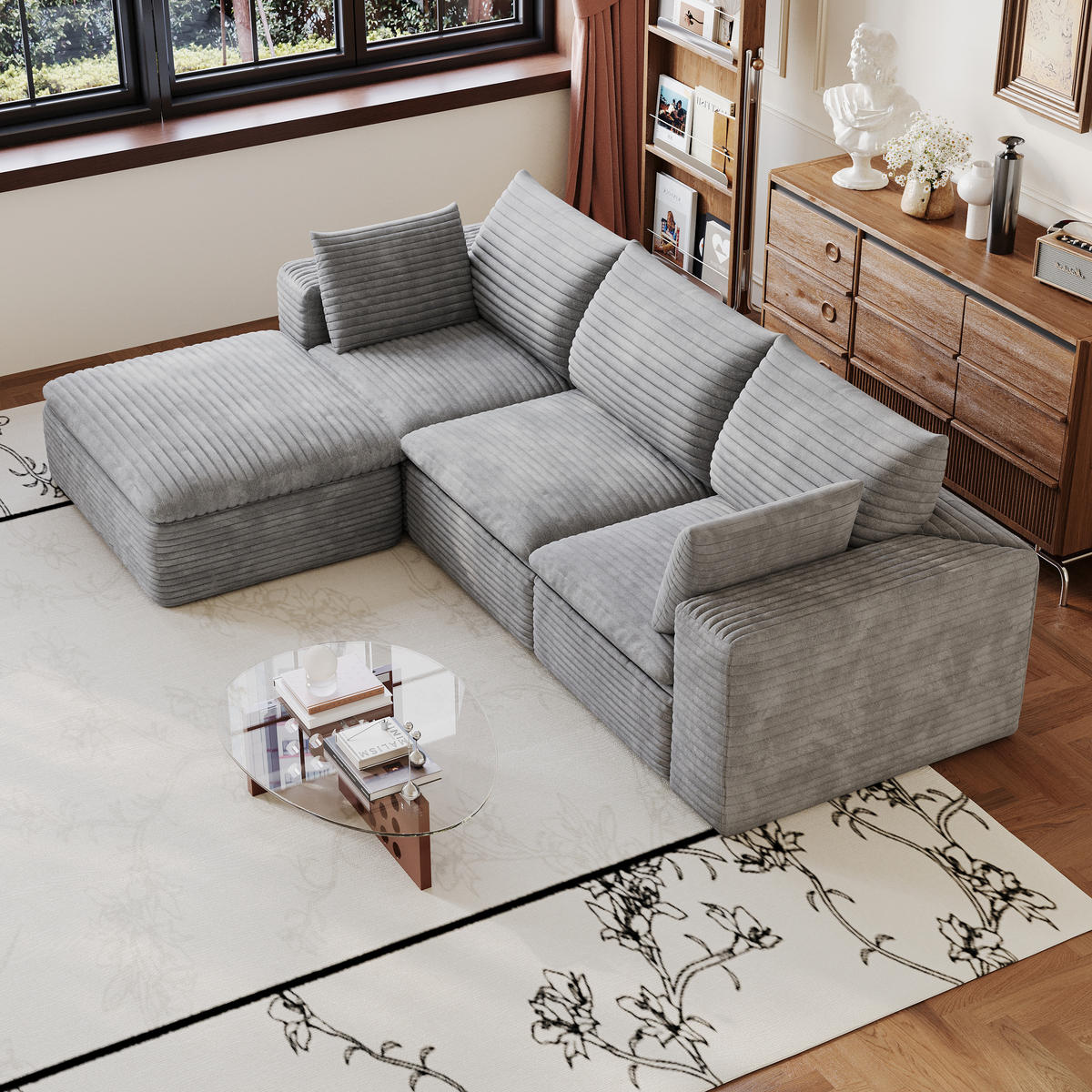 ECKSOFA DE-34773 3-Sitzer mit ottomane Grau - Grau, Textil (160/260cm) - ComfortXL