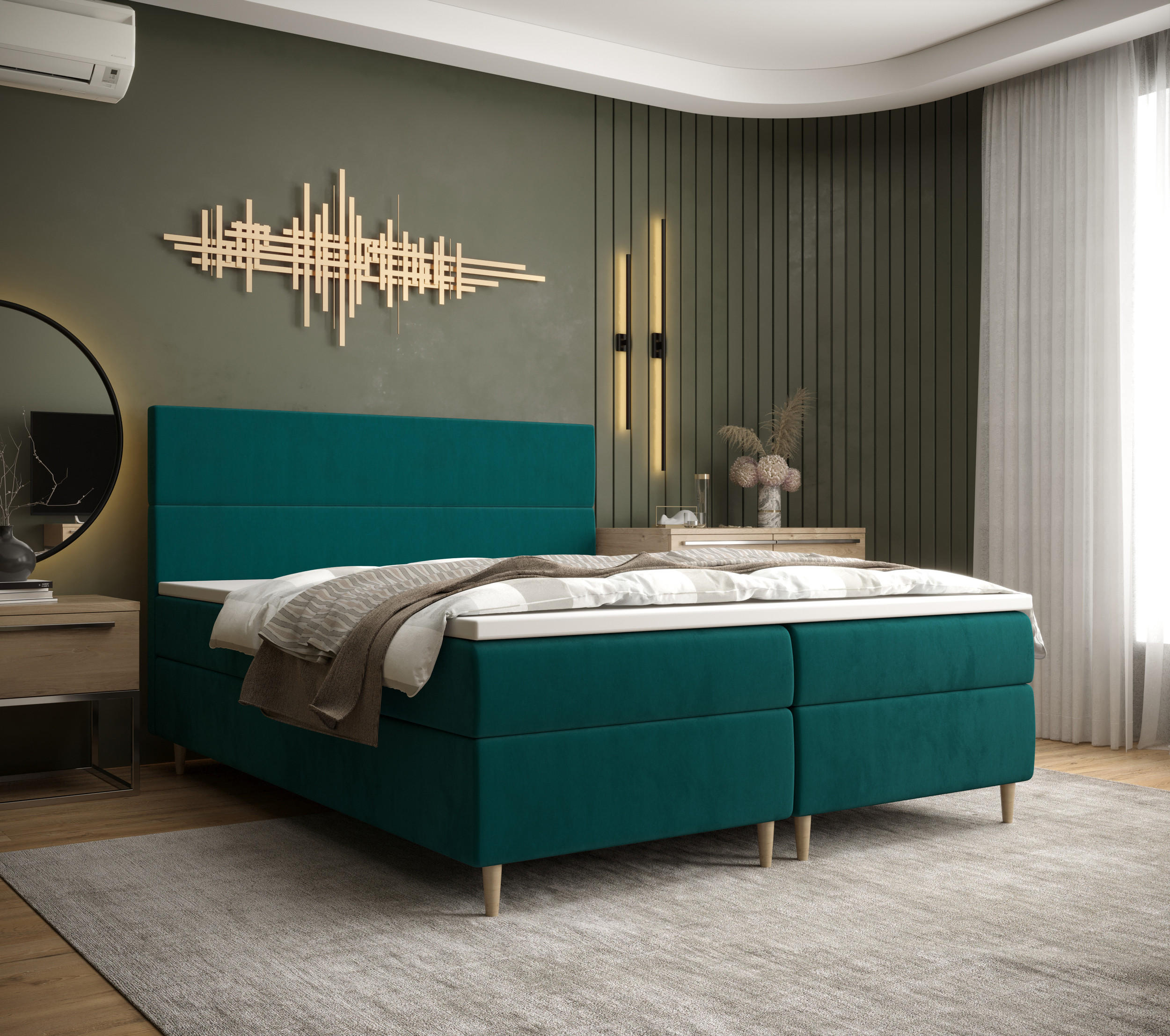 BOXBETT FLO mit Matratze H3, Bonell und Topper 180x200 Itaka 39 - Grün, Holz/Textil (180/200cm) - Bedante