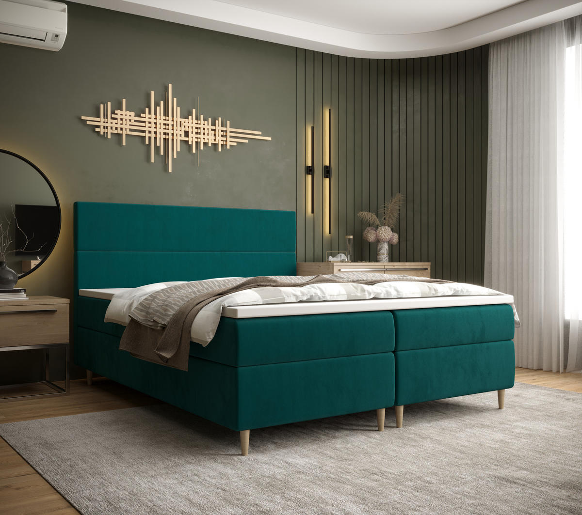 BOXBETT FLO mit Matratze H3, Bonell und Topper 180x200 Itaka 39 - Grün, Holz/Textil (180/200cm) - Bedante