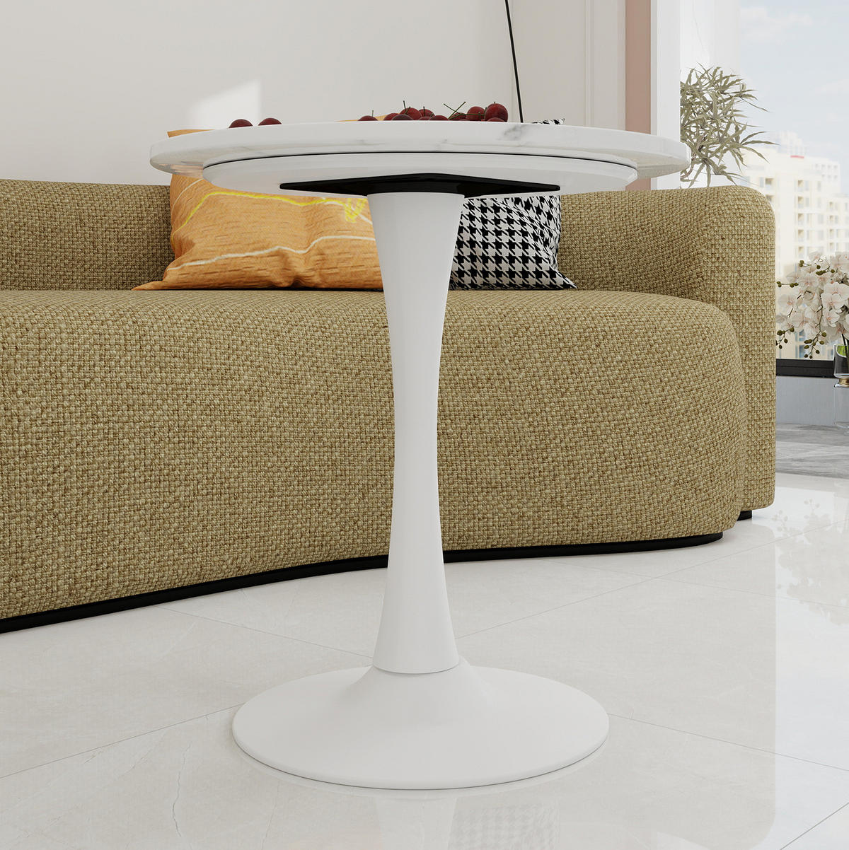 KONFERENČNÍ stolek 70/70/72 cm bílý z umělého mramoru kulatý minimalistický - bílá, kámen (70/70/72cm) - OKWISH