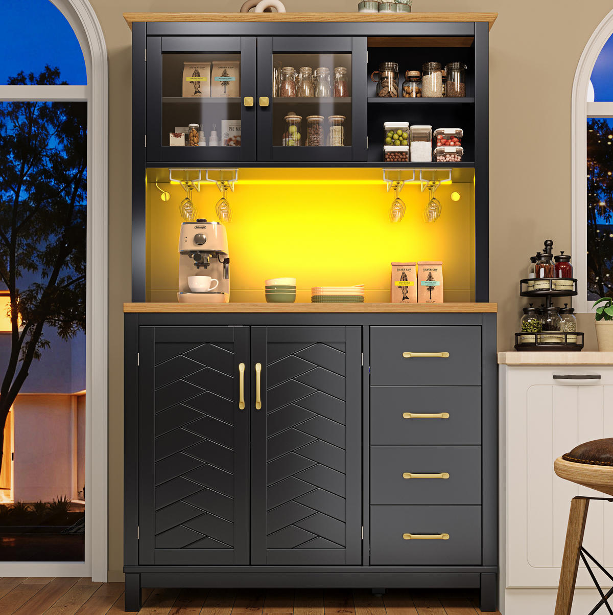 BUFFETSCHRANK 105,5/40/180 cm mit LED-Lichtleiste, viel Stauraum und Anti-Kipp-Sicherung, Schwarz - Schwarz, Holzwerkstoff (105.5/180/40cm) - Redom