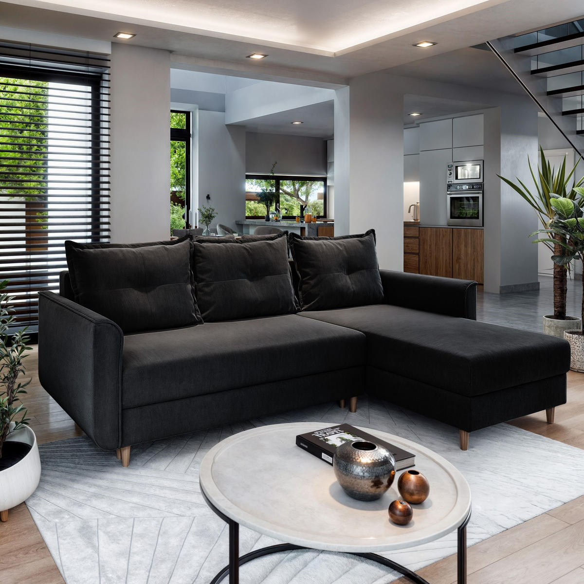 ECKSOFA PISAN R-S Schwarz Plüsch-Stoff mit Schlaffunktion - Schwarz, Holz (220/140cm) - MASSENO