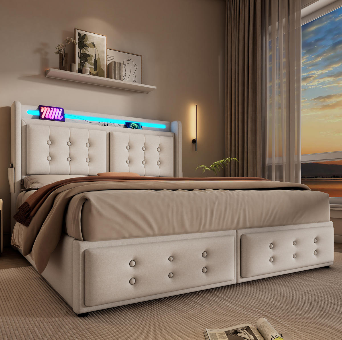 POLSTERBETT aus Baumwolle und Holz 140x200 cm Beige mit LED-Beleuchtung, Ladefunktion und Bettkasten - Beige, Textil (140/200cm) - IVMEU
