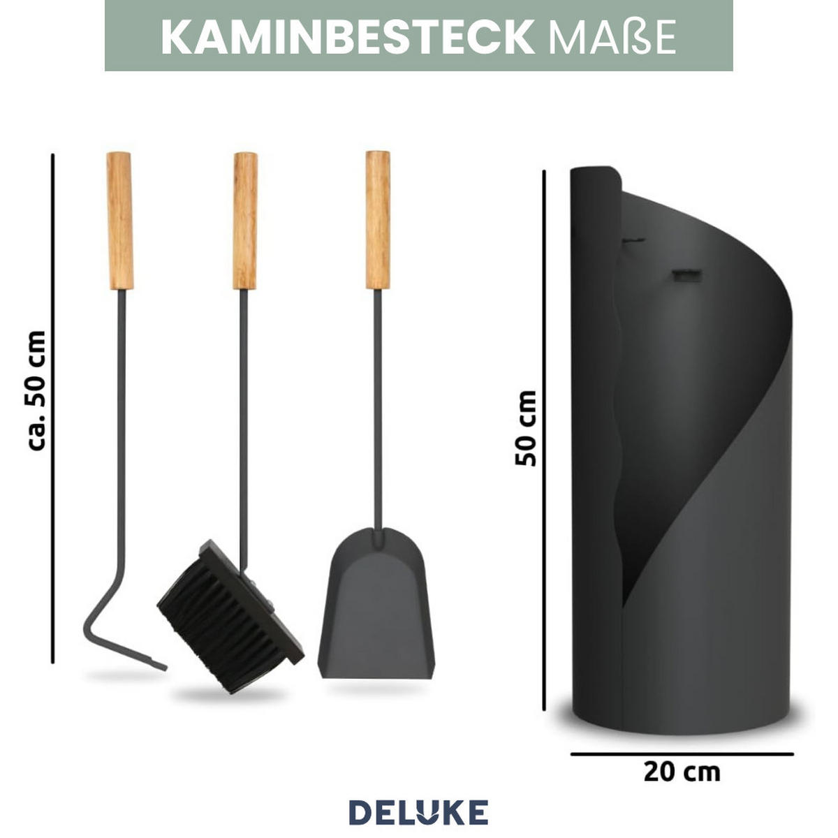 KAMINBESTECK modern IGOR 5-tlg. mit Holzgriff Schürhaken Besen Ascheschaufel Anthrazit - Anthrazit, Metall (20/50/20cm) - DELUKE