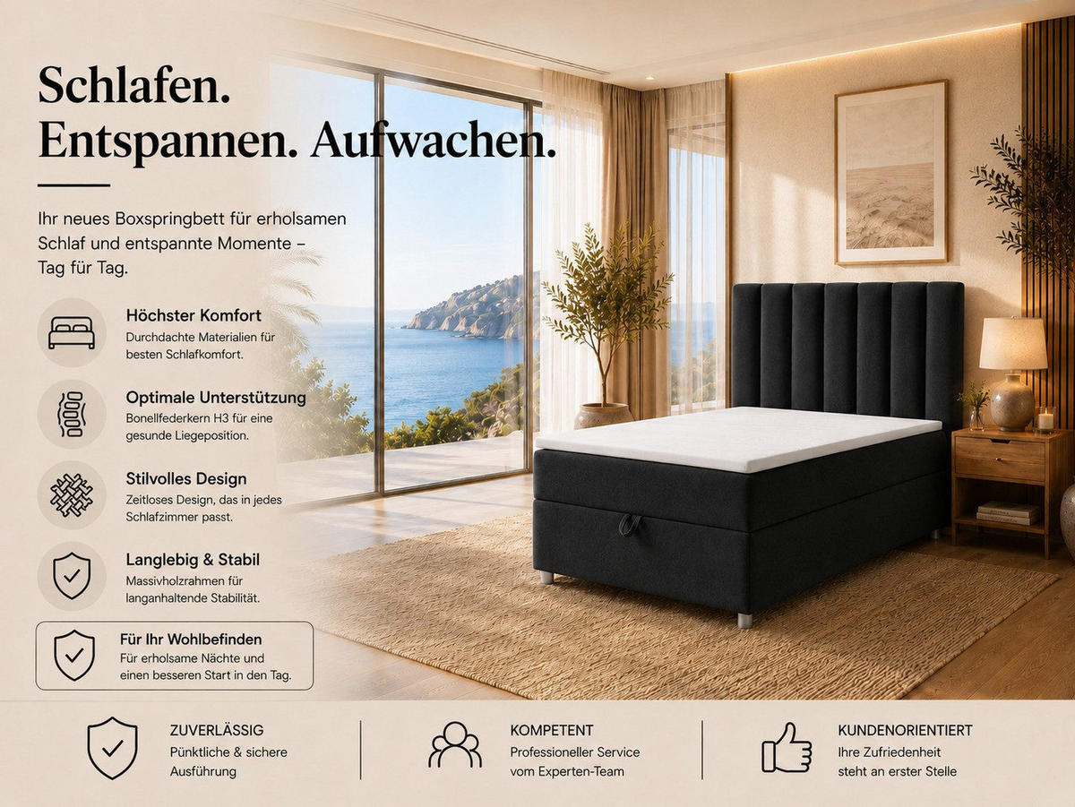 BOXBETT mit Bettkasten Trinity K-10 SINGLE Bonellfederkern inkl. Topper - Schwarz, Holz/Holzwerkstoff (100/200cm) - Best For Home