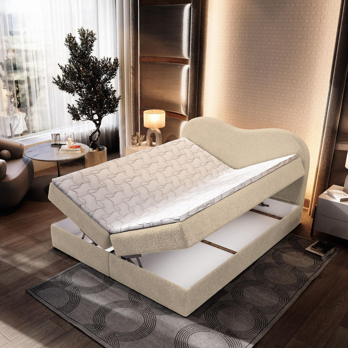 BOXBETT FLUVIA N 140x200 cm mit Matratze und Topper - Creme - Creme, Holz (140/200cm) - MASSENO